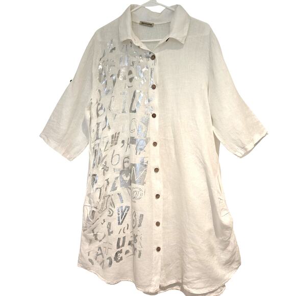 Made in Italy New Collection White Silver Graffiti Linen Button-up Shirt Dress - Picture 1 of 10